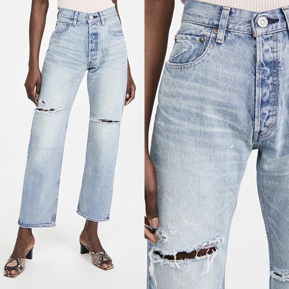 Moussy Denim - MOUSSY VINTAGE Teaneck Straight Leg Jeans Distressed Light Blue 25